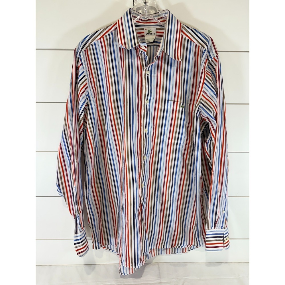 Lacoste Men's 44 XL Red White Blue Brown Stripe Button Down Shirt 100% Cotton